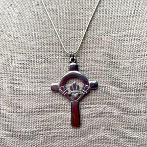 Pewter Celtic Cross Claddagh Pendant on Sterling Silver chain